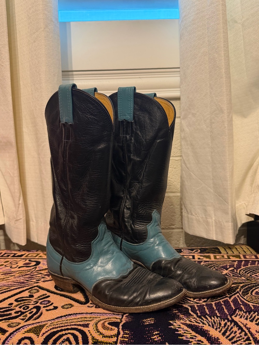 Vintage Olathe Cowboy Boots Blue Black Leather Made in USA Men's 5 B Women's 6.5